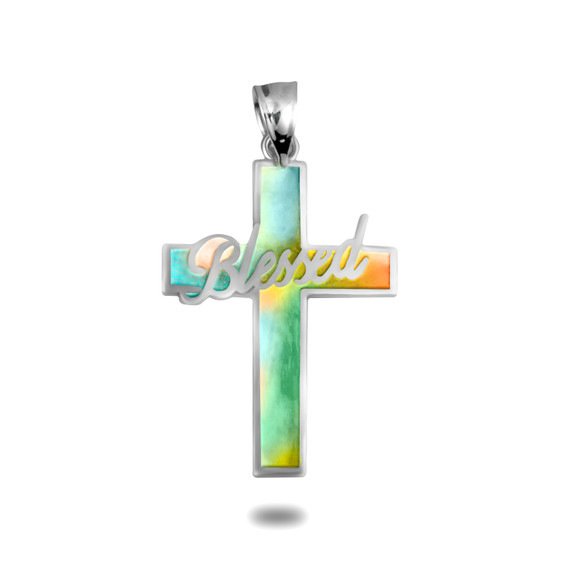 .925 Sterling Silver Blessed Textured Cross Tie Dye Hand Painted Enamel Pendant