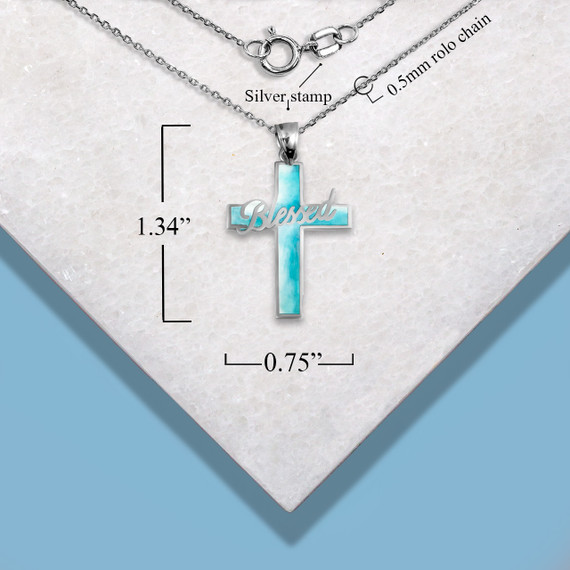 925 Sterling Silver Blessed Textured Cross Blue Tie Dye Hand Painted Enamel Pendant Necklace with measurements