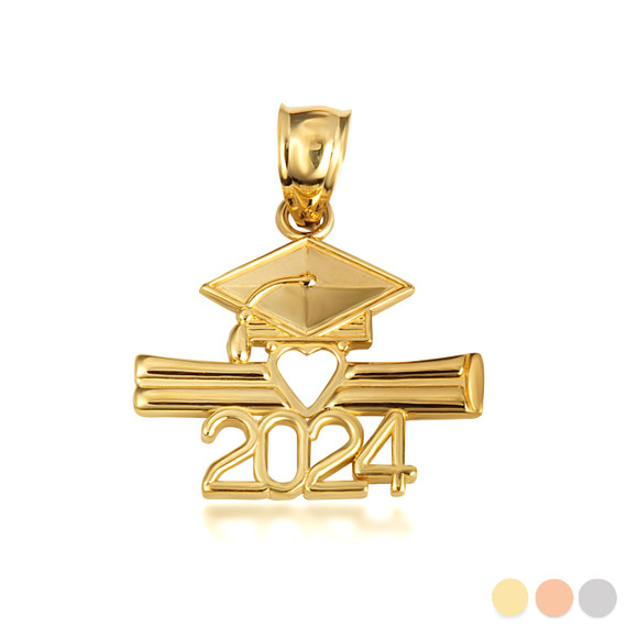 Gold Class Of 2024 Graduation Cap & Diploma Heart Pendant