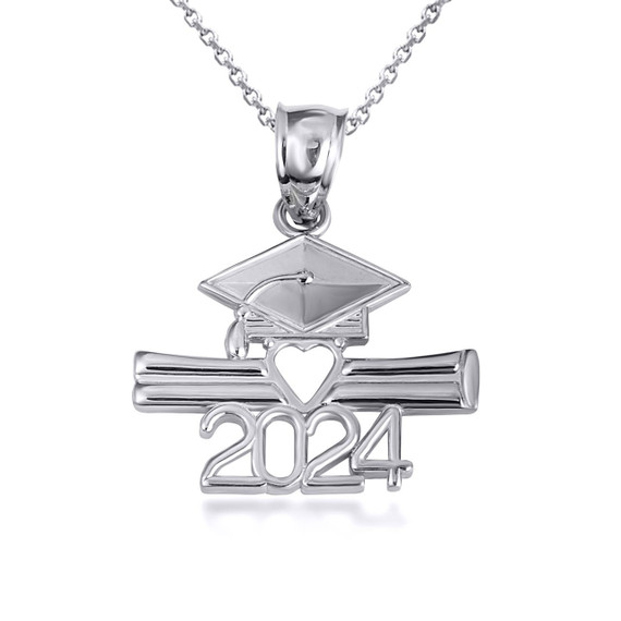Gold Class Of 2024 Graduation Cap & Diploma Heart Pendant Necklace (Available in Yellow/Rose/White Gold)