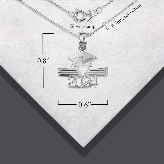 .925 Sterling Silver Class Of 2024 Graduation Cap & Diploma Heart Pendant Necklace with measurements