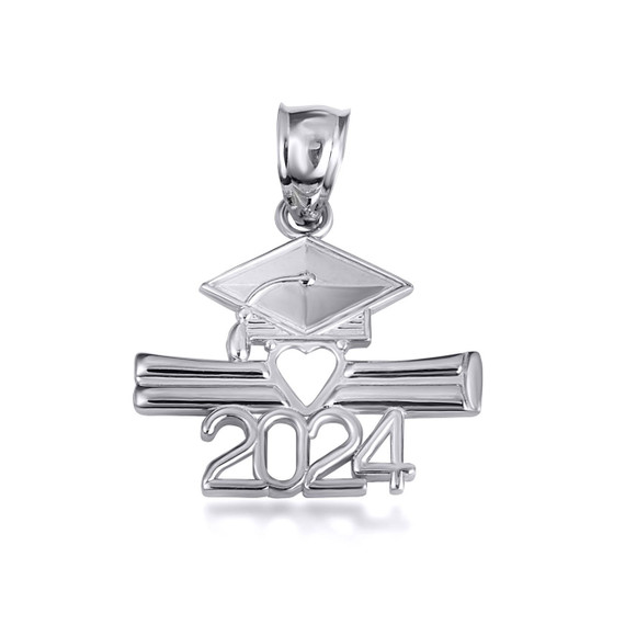 .925 Sterling Silver Class Of 2024 Graduation Cap & Diploma Heart Pendant Necklace