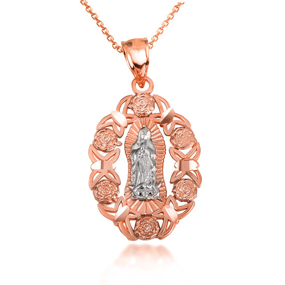 Rose Gold Our Lady Of Guadalupe Virgin Mary Rose Flower Filigree Pendant Necklace