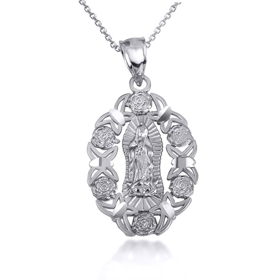 .925 Sterling Silver Our Lady Of Guadalupe Virgin Mary Rose Flower Filigree Pendant Necklace