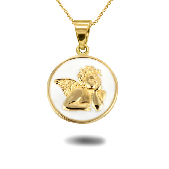 Gold Cupid Love Angel White Enamel Medallion Pendant Necklace