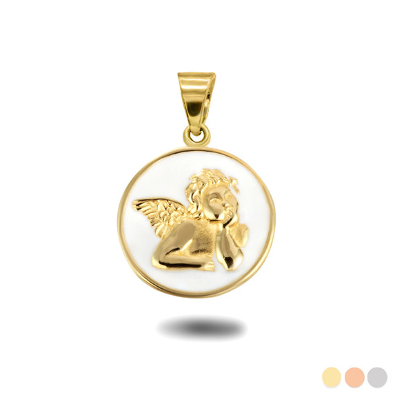 Gold Cupid Love Angel White Enamel Medallion Pendant