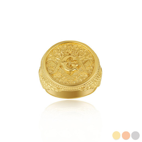 Yellow Gold Freemason Square & Compass Clover Eye Of Protection Wreath Roped Signet Ring