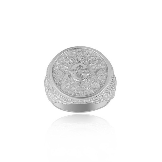 .925 Sterling Silver Freemason Square & Compass Clover Eye Of Protection Wreath Roped Signet Ring