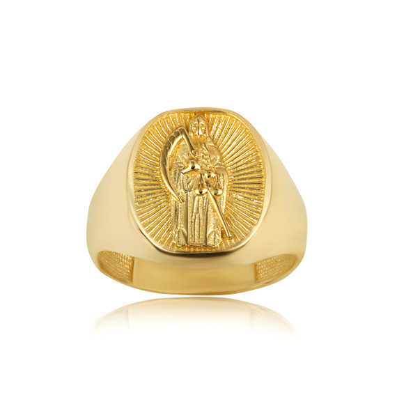 Yellow Gold Illuminated Santa Muerte Patron Saint Of Death & Protection Oval Signet Ring