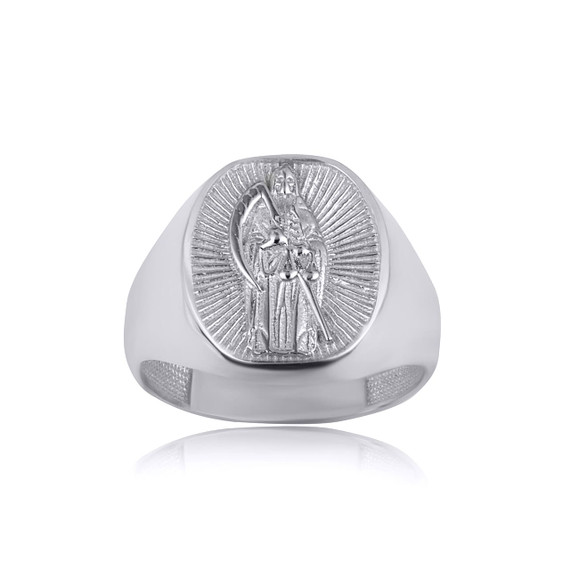 .925 Sterling Silver Illuminated Santa Muerte Patron Saint Of Death & Protection Oval Signet Ring
