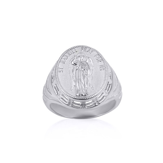 White Gold Religious Patron Saint Gabriel Archangel Beaded Oval Signet Ring