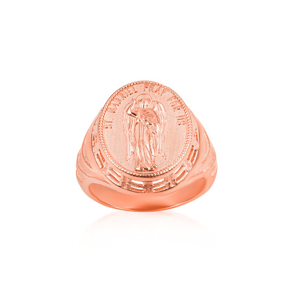 Rose Gold Religious Patron Saint Gabriel Archangel Beaded Oval Signet Ring
