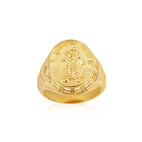 Gold Saint Christopher Patron Saint of Safe Travel Protect Us Oval Signet Ring (Available in Yellow/Rose/White Gold)