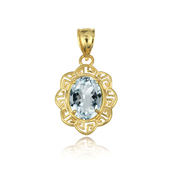 Yellow Gold Clear Zirconia Gemstone Floral Greek Key Love Pendant Necklace