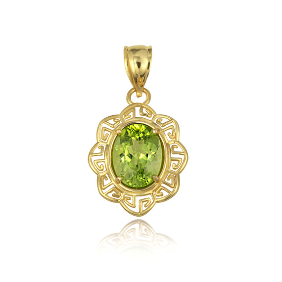 Yellow Gold Peridot Gemstone Floral Greek Key Love Pendant Necklace