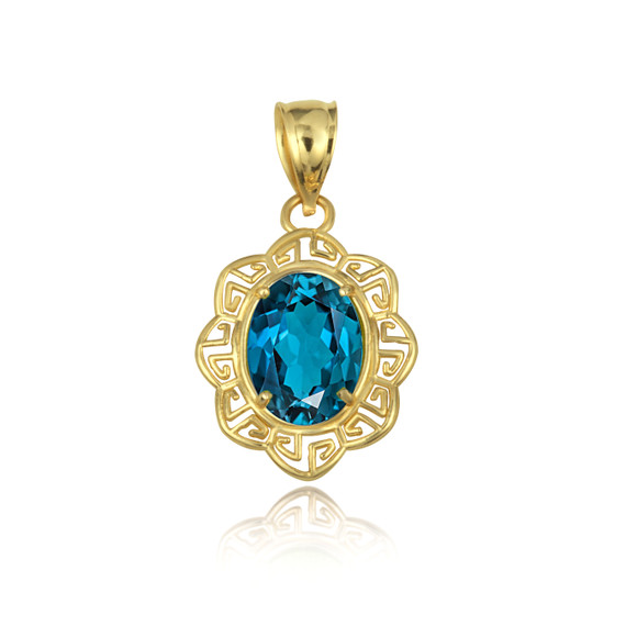 Yellow Gold Blue topaz Gemstone Floral Greek Key Love Pendant Necklace