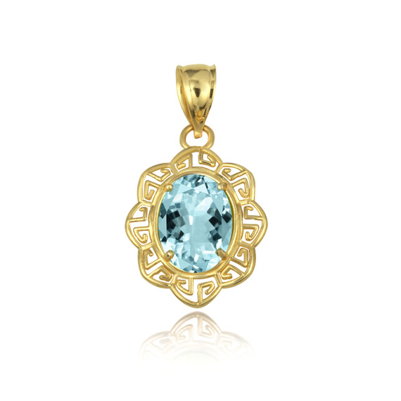Yellow Gold Blue topaz Gemstone Floral Greek Key Love Pendant Necklace
