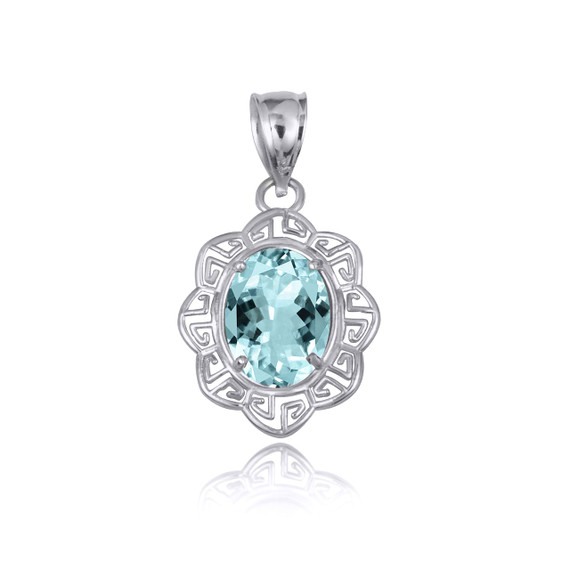 .925 Sterling Silver Aquamarine Gemstone Floral Greek Key Love Pendant Necklace