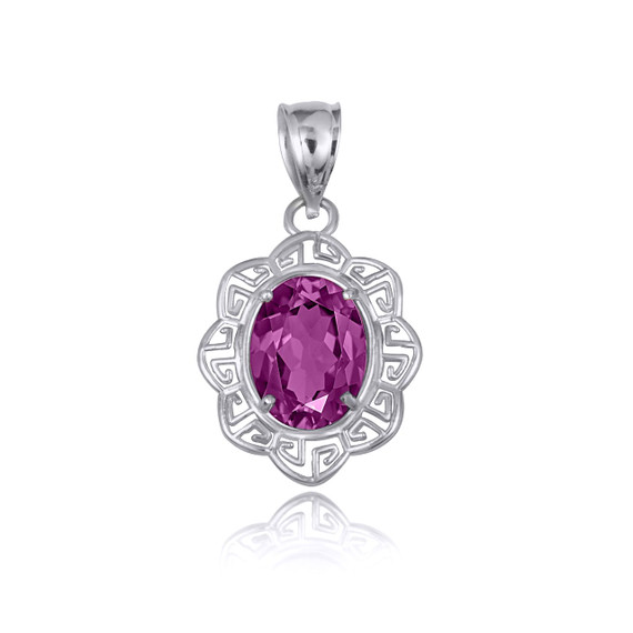 .925 Sterling Silver Amethyst Gemstone Floral Greek Key Love Pendant Necklace