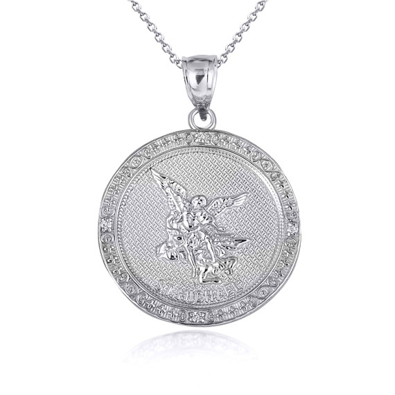 White Gold Diamond Saint Michael Archangel Textured Coin Protection Medallion Pendant Necklace