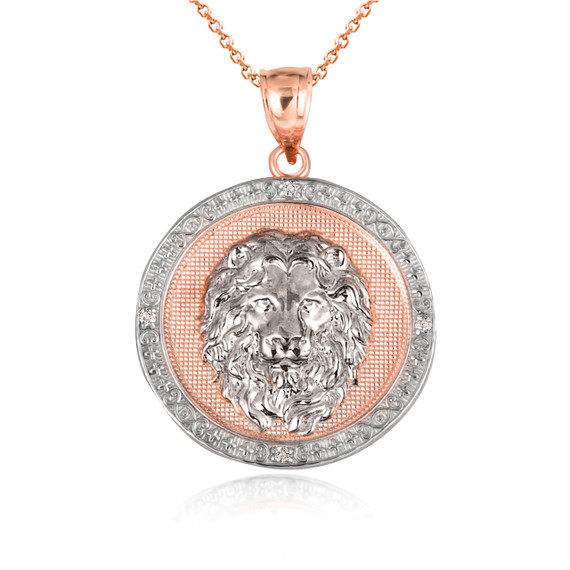 Two-Tone Rose Gold Diamond Lion Textured Coin Protection Medallion Pendant Necklace