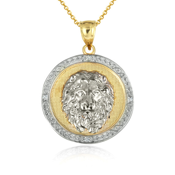 Two-Tone Yellow Gold Diamond Lion Textured Coin Protection Medallion Pendant Necklace