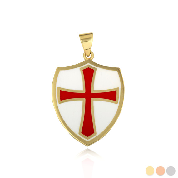 Yellow Gold Medieval Knight Crusader Cross Shield Enamel Pendant