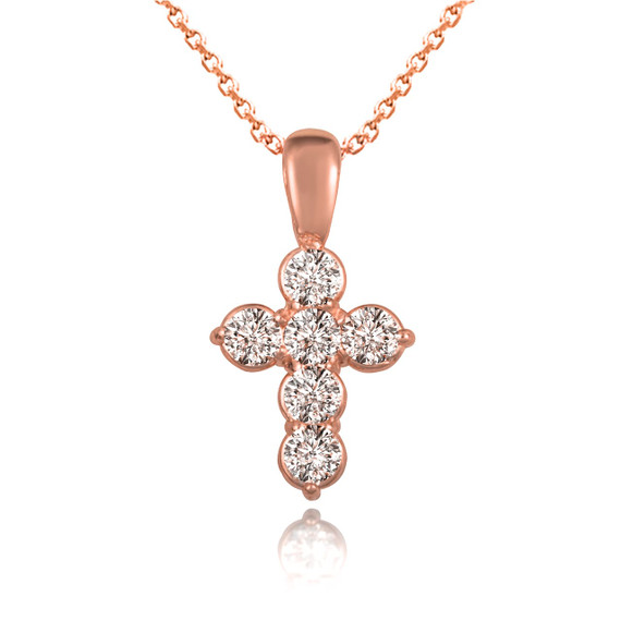 14K Rose Gold Diamond Cross Faith Charm Pendant Necklace