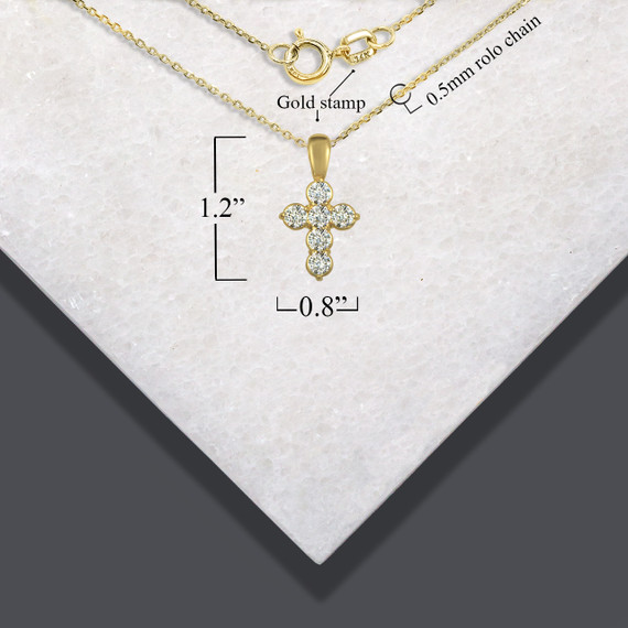 14K Yellow Gold Diamond Cross Faith Charm Pendant Necklace with measurement