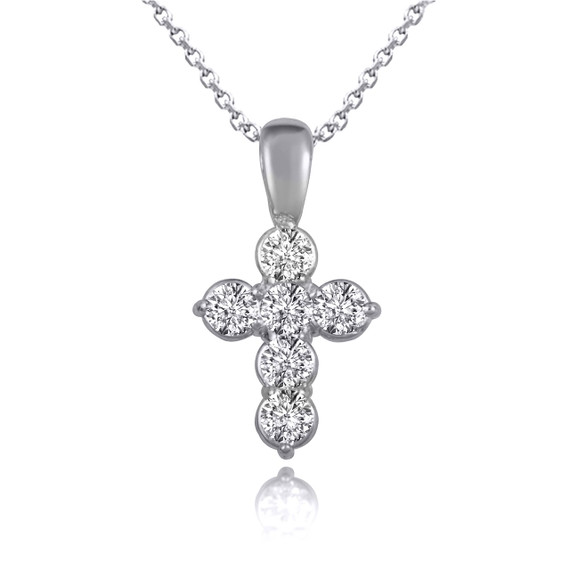 14K White Gold Diamond Cross Faith Charm Pendant Necklace