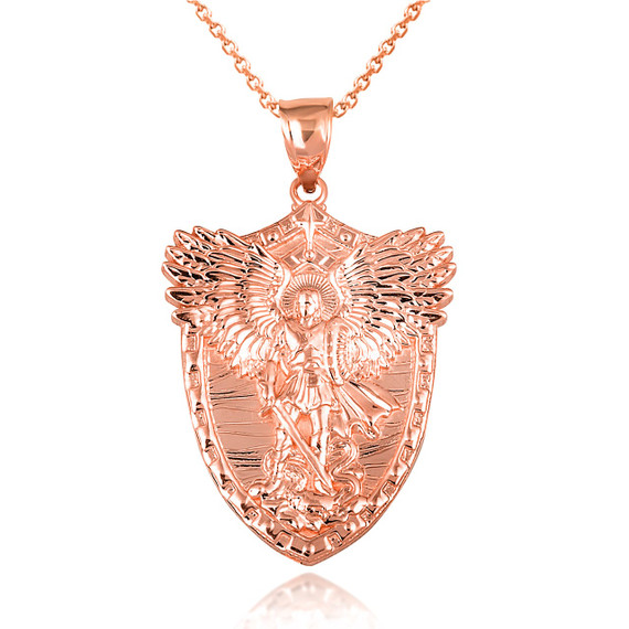 Rose Gold Archangel Saint Michael Wings Sword & Shield Pendant Necklace