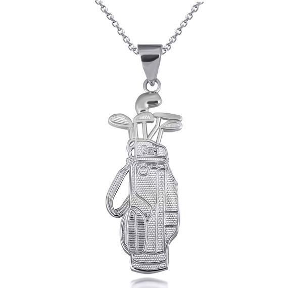 White Gold Golf Bag & Clubs Beaded Sports Pendant Necklace