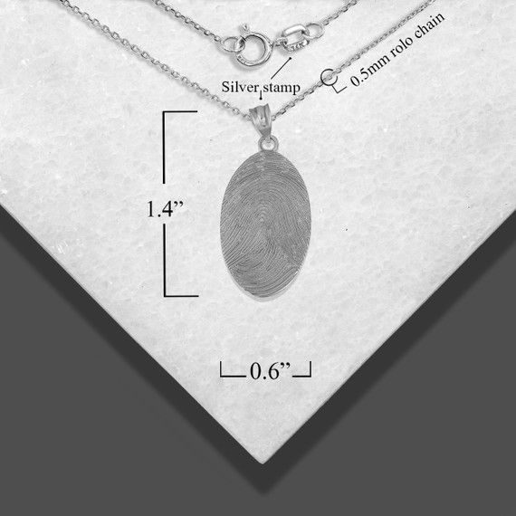 .925 Sterling Silver Personalized Fingerprint Pendant Necklace with measurements