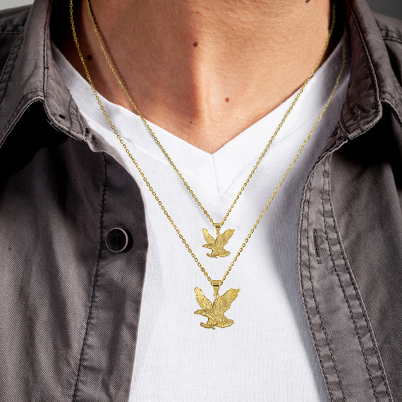 Gold Soaring Bald Eagle Freedom Pendant Necklace S,L on male model