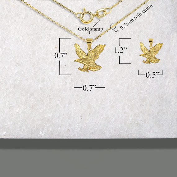 Gold Soaring Bald Eagle Freedom Pendant Necklace S,L (Available in Yellow/Rose/White)
