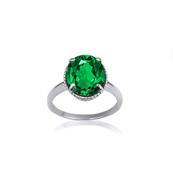 .925 Sterling Silver Classic Roped Emerald Gemstone Love Ring