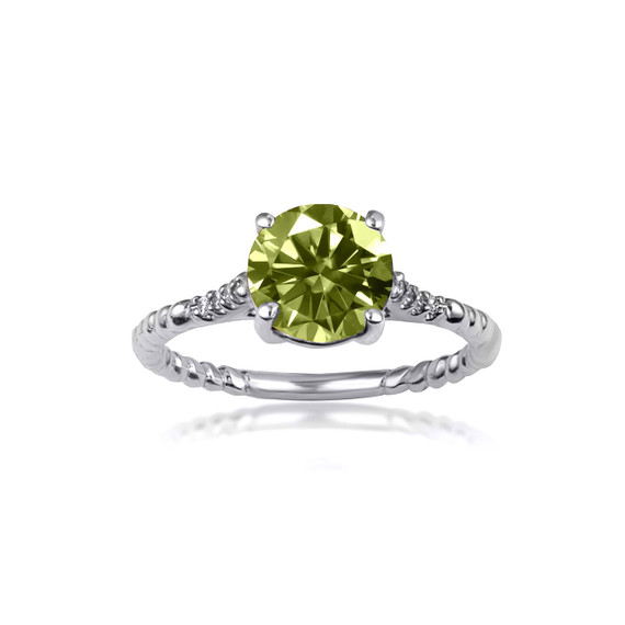 .925 Sterling Silver Peridot Gemstone Ribbed Band CZ Ring