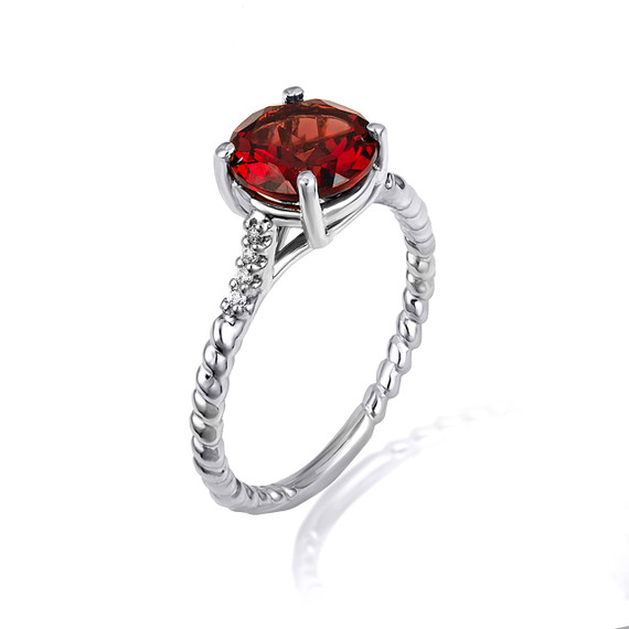 .925 Sterling Silver Garnet Gemstone Ribbed Band CZ Ring