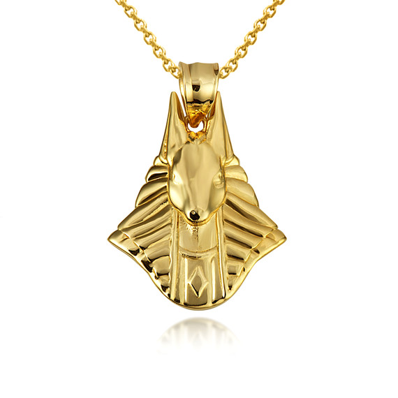 Yellow Gold Egyptian Anubis God Of The Dead Guard Dog Head Pendant Necklace