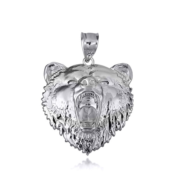 White Gold Roaring Grizzly Bear Head Animal Pendant