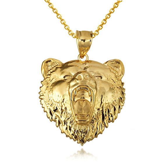 Yellow Gold Roaring Grizzly Bear Head Animal Pendant Necklace