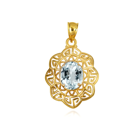 Gold Oval Aqua Gemstone Greek Key Filigree Love Pendant