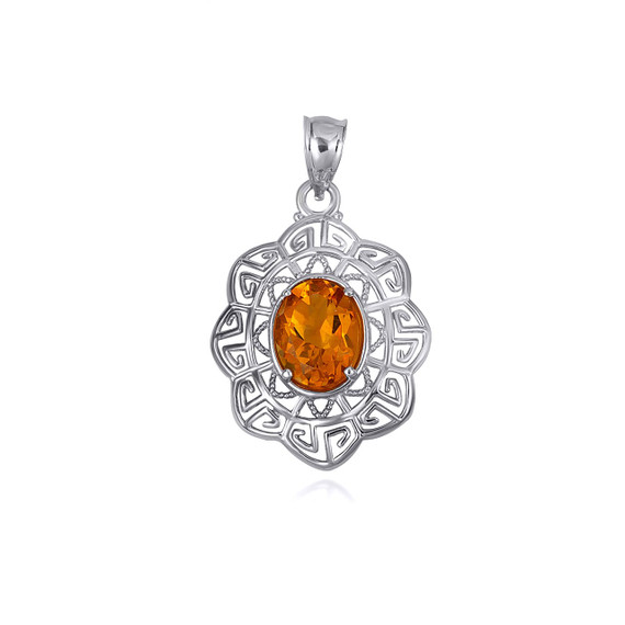 .925 Sterling Silver Oval Citrine Gemstone Greek Key Filigree Love Pendant