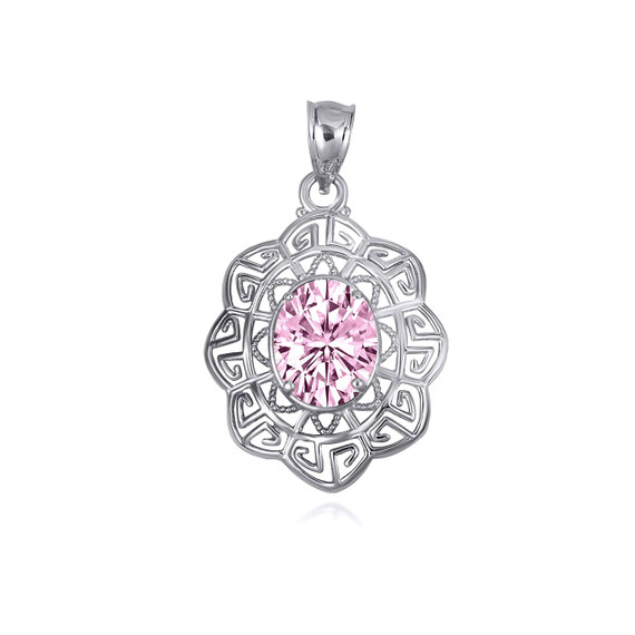 .925 Sterling Silver Oval Pink CZ Gemstone Greek Key Filigree Love Pendant