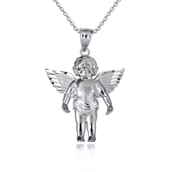 White Gold Baby Angel Wings Cherub Guardian Pendant Necklace