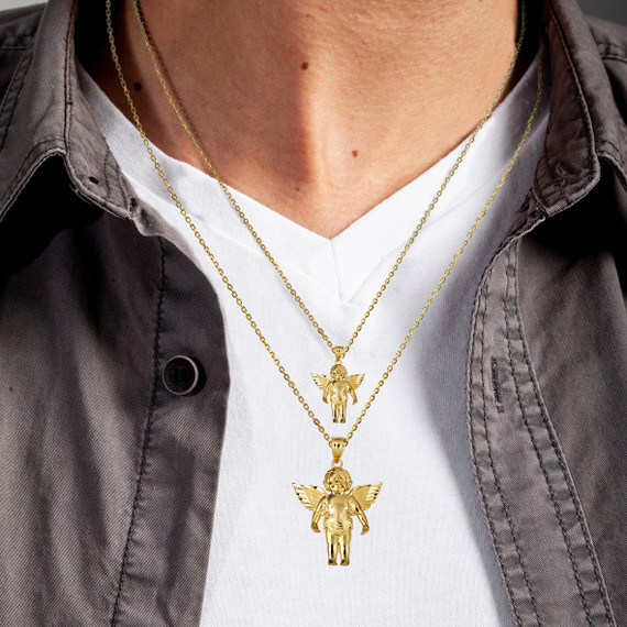 Gold Baby Angel Wings Cherub Guardian Pendant Necklace on male model