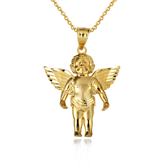 Gold Baby Angel Wings Cherub Guardian Pendant Necklace S,L (Available in Yellow/Rose/White)