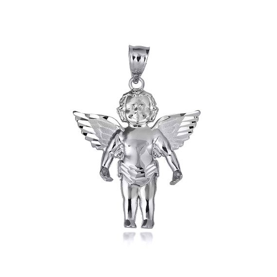.925 Sterling Silver Cherub Angel Wings Diamond Cut Pendant