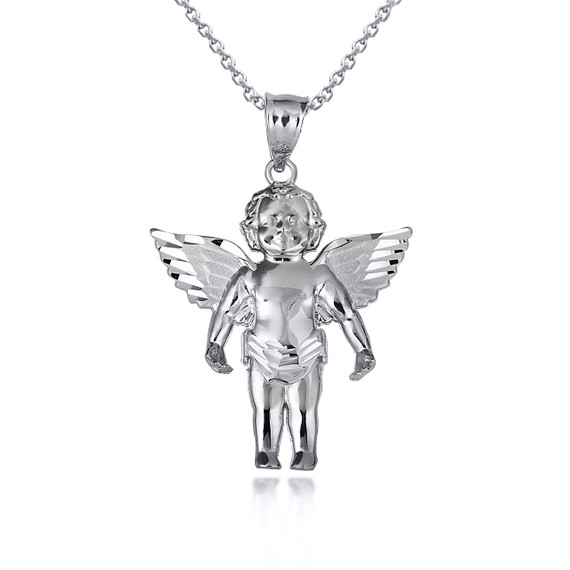 .925 Sterling Silver Baby Angel Wings Cherub Guardian Pendant Necklace S,L