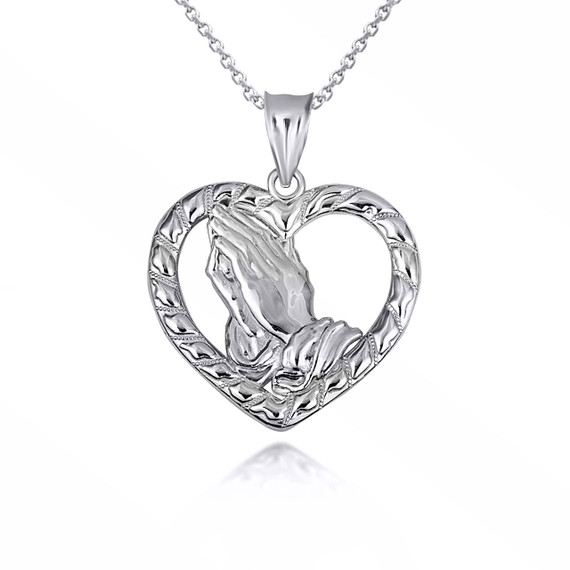 White Gold Serenity Praying Hands Heart Love Pendant Necklace
